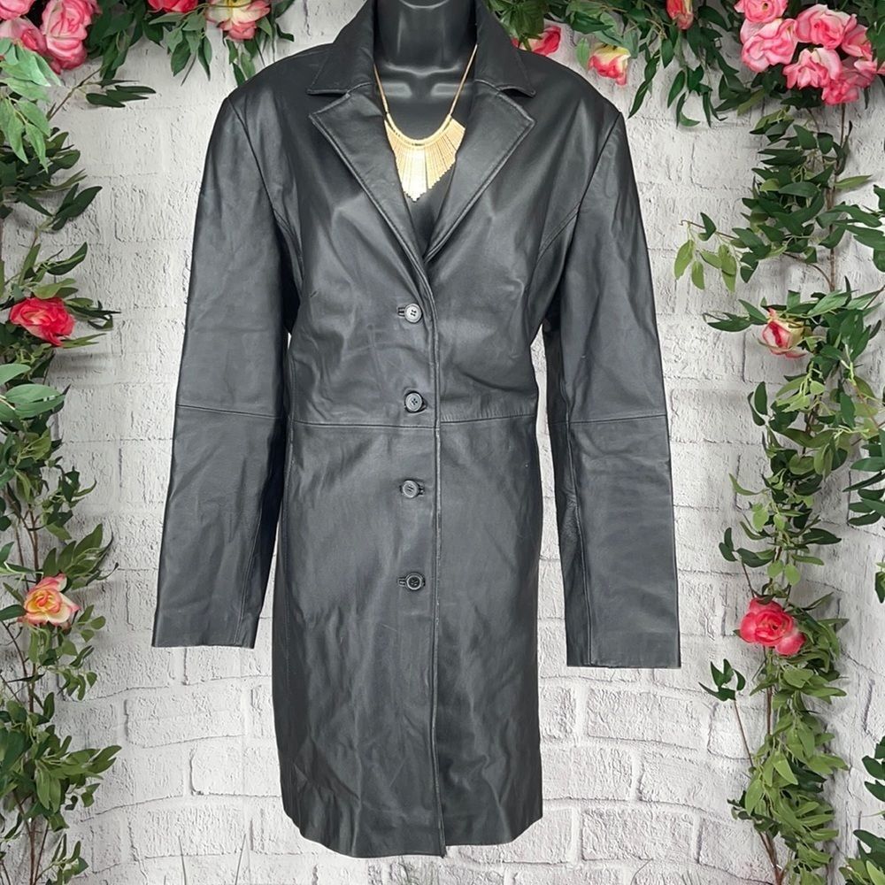 DEFECTS Women’s R&O Black Classic Leather 4 Button 2 Pocket Long Jacket (L) DN11